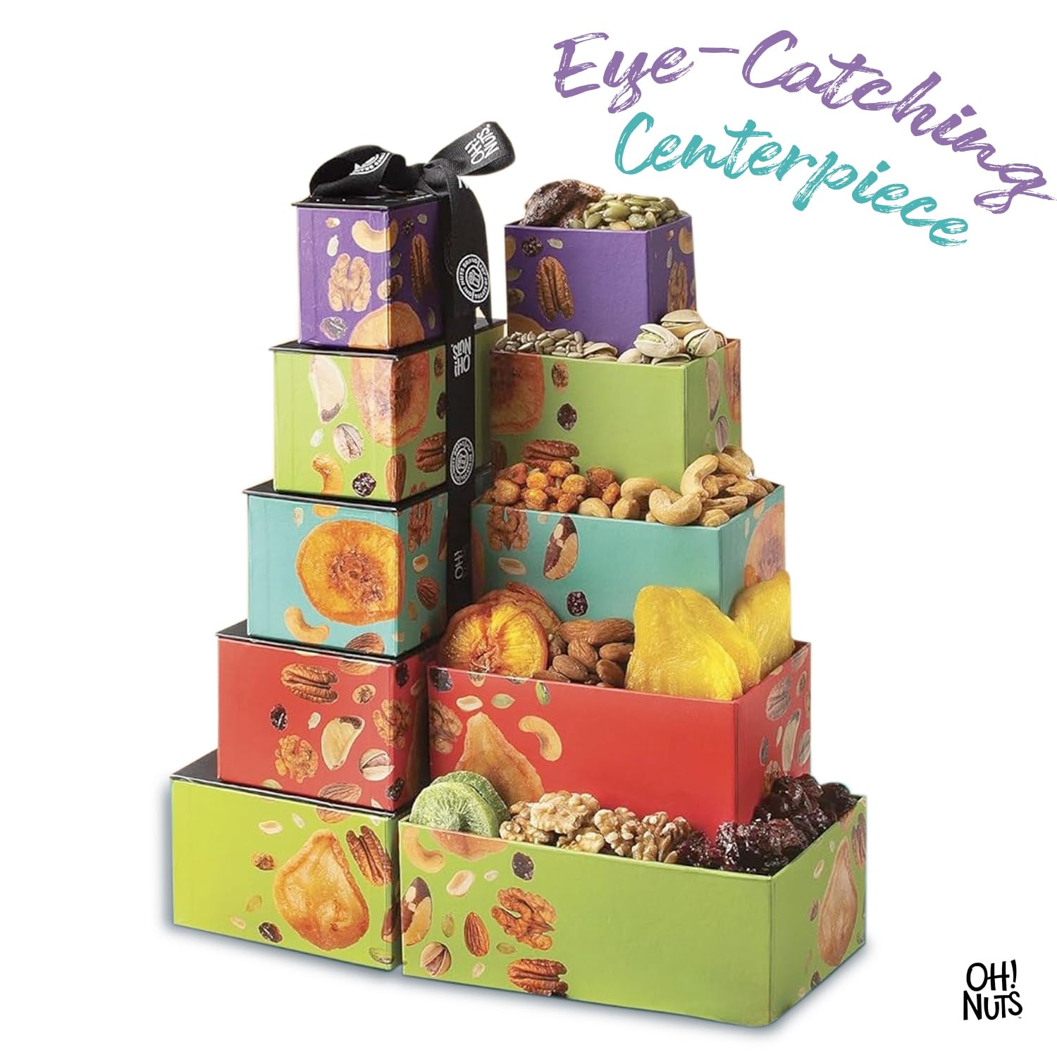 Oh! Nuts 5 Tier Gift Tower - 12 Assorted Dried Fruits and Nuts Gift Basket - Gourmet Healthy Snack Boxes for Holiday, Birthday, Thank You, Corporate Gifting, Parties & Family Celebrations - Image 3