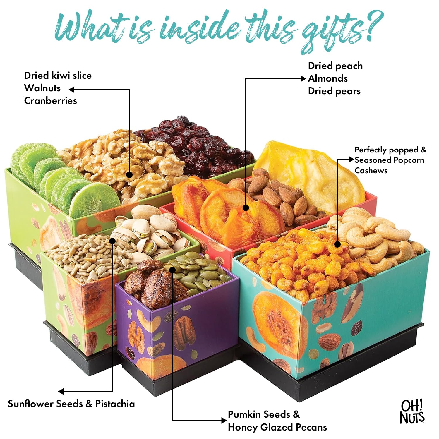 Oh! Nuts 5 Tier Gift Tower - 12 Assorted Dried Fruits and Nuts Gift Basket - Gourmet Healthy Snack Boxes for Holiday, Birthday, Thank You, Corporate Gifting, Parties & Family Celebrations - Image 4