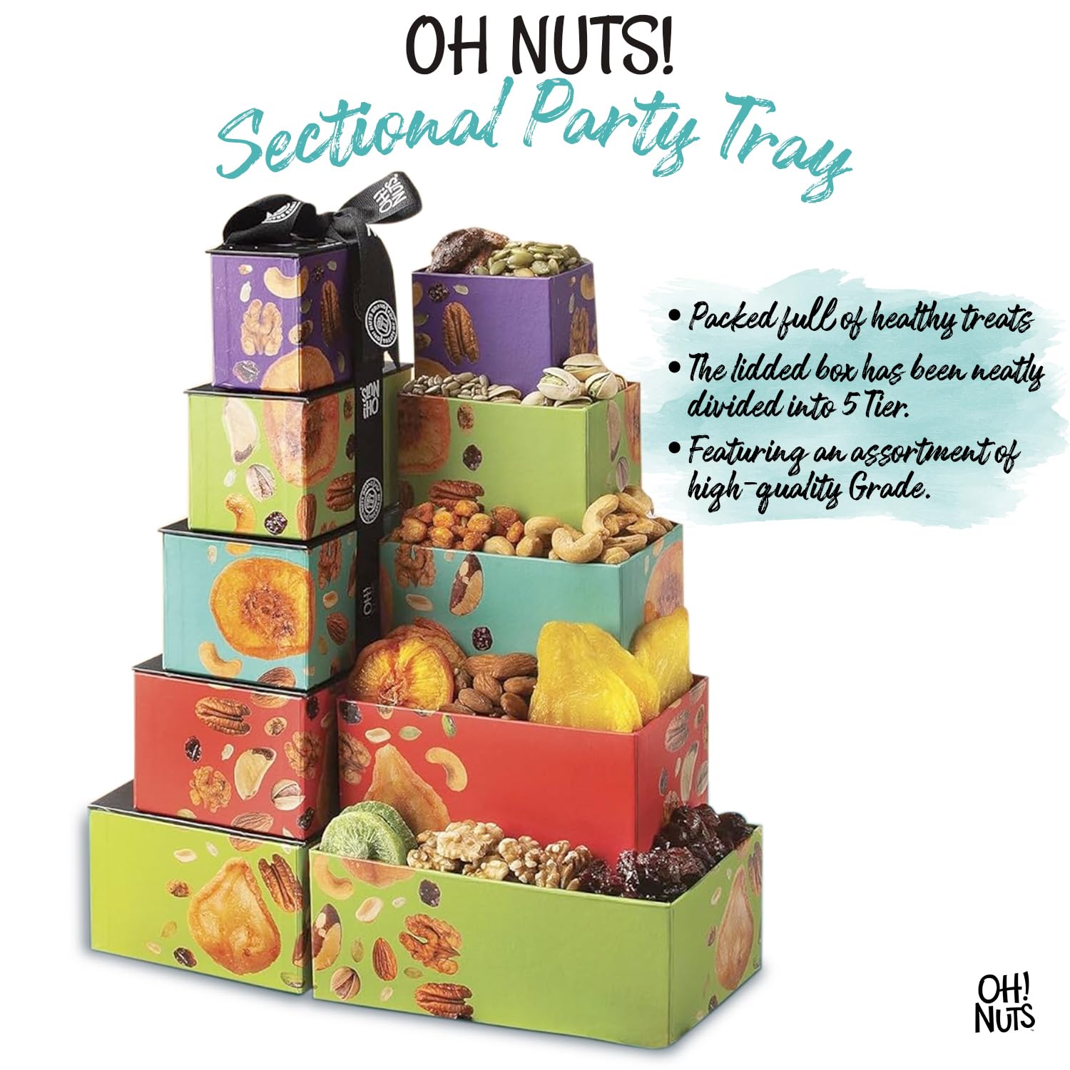 Oh! Nuts 5 Tier Gift Tower - 12 Assorted Dried Fruits and Nuts Gift Basket - Gourmet Healthy Snack Boxes for Holiday, Birthday, Thank You, Corporate Gifting, Parties & Family Celebrations - Image 5