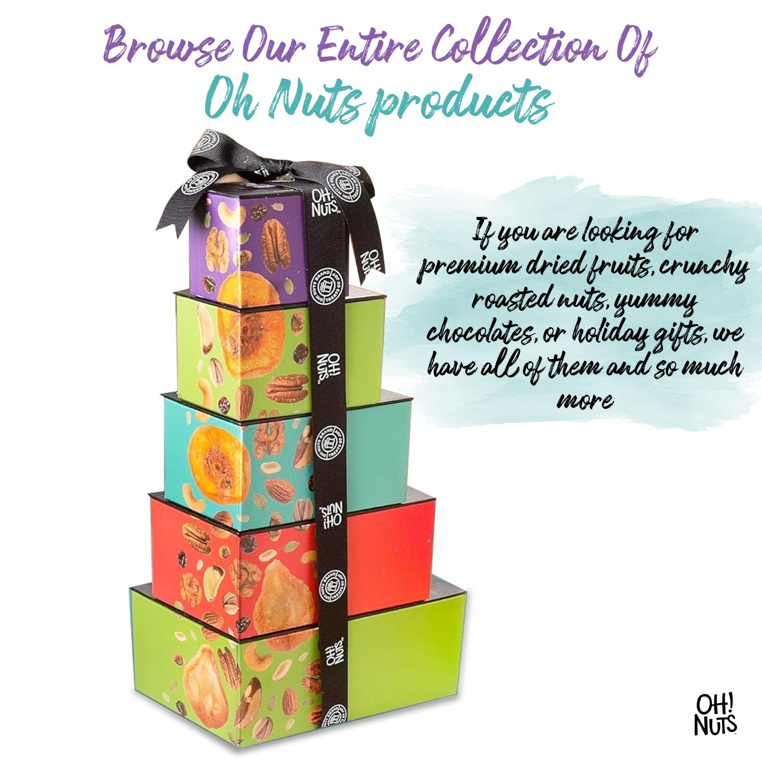 Oh! Nuts 5 Tier Gift Tower - 12 Assorted Dried Fruits and Nuts Gift Basket - Gourmet Healthy Snack Boxes for Holiday, Birthday, Thank You, Corporate Gifting, Parties & Family Celebrations - Image 6