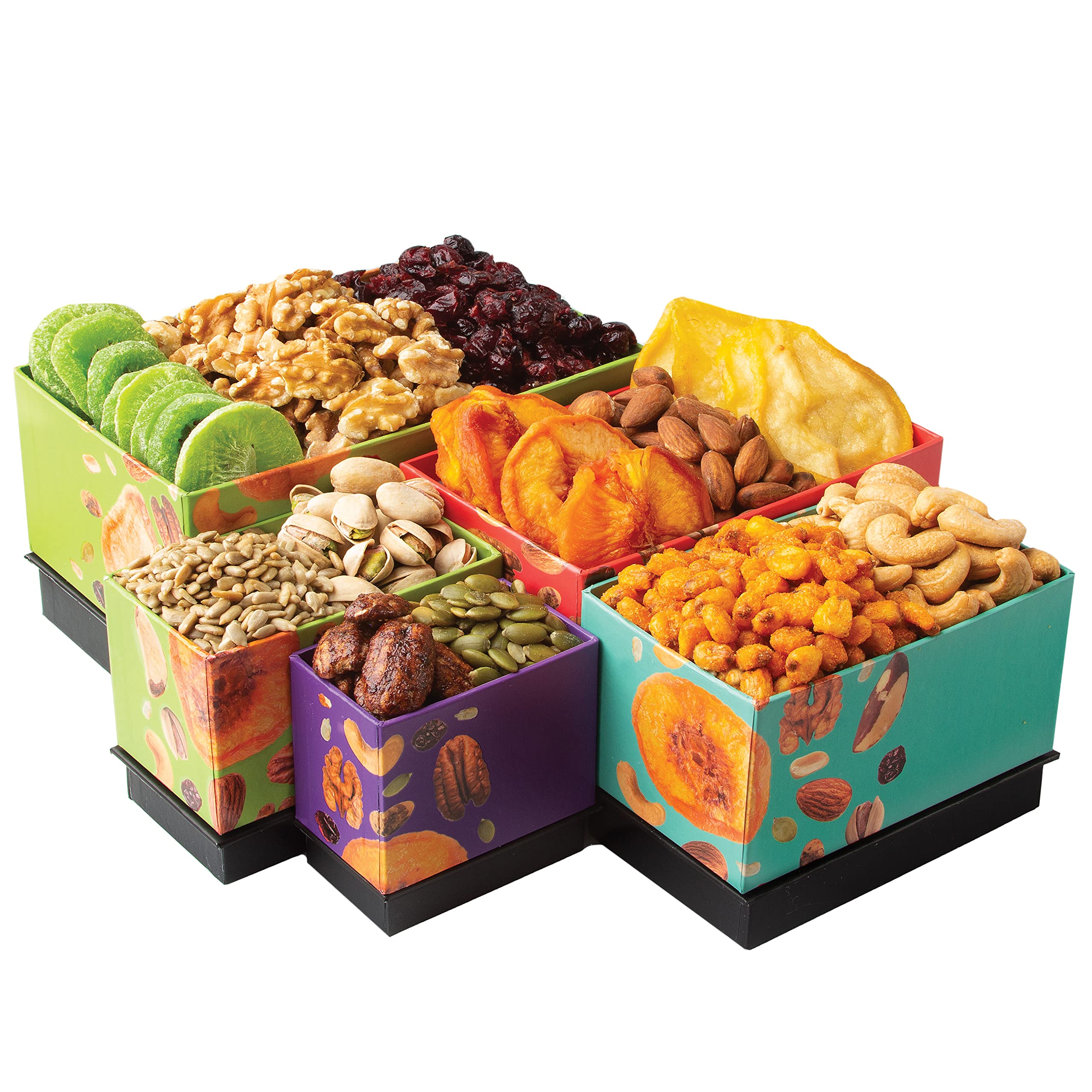 Oh! Nuts 5 Tier Gift Tower - 12 Assorted Dried Fruits and Nuts Gift Basket - Gourmet Healthy Snack Boxes for Holiday, Birthday, Thank You, Corporate Gifting, Parties & Family Celebrations - Image 8