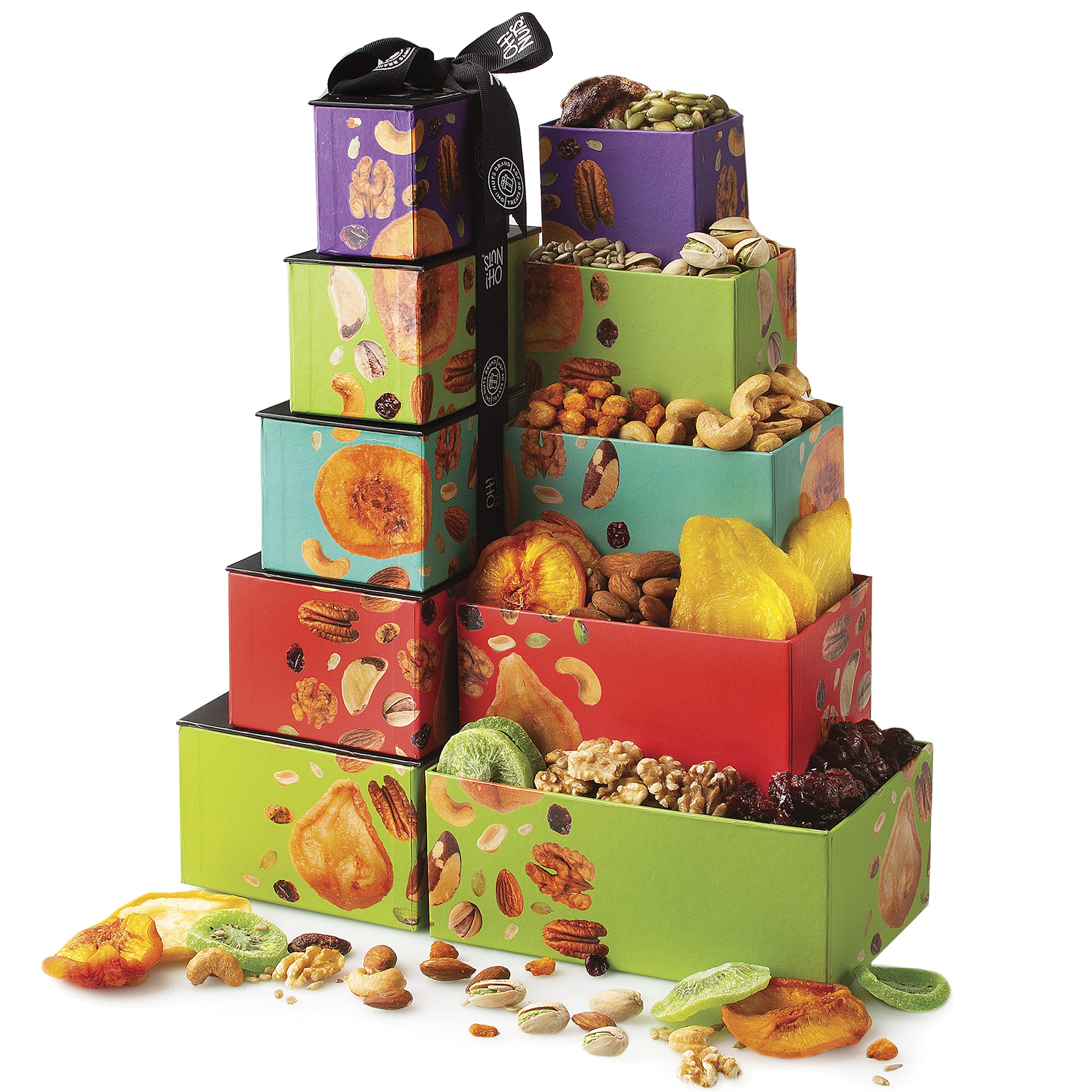 Oh! Nuts 5 Tier Gift Tower - 12 Assorted Dried Fruits and Nuts Gift Basket - Gourmet Healthy Snack Boxes for Holiday, Birthday, Thank You, Corporate Gifting, Parties & Family Celebrations - Image 9
