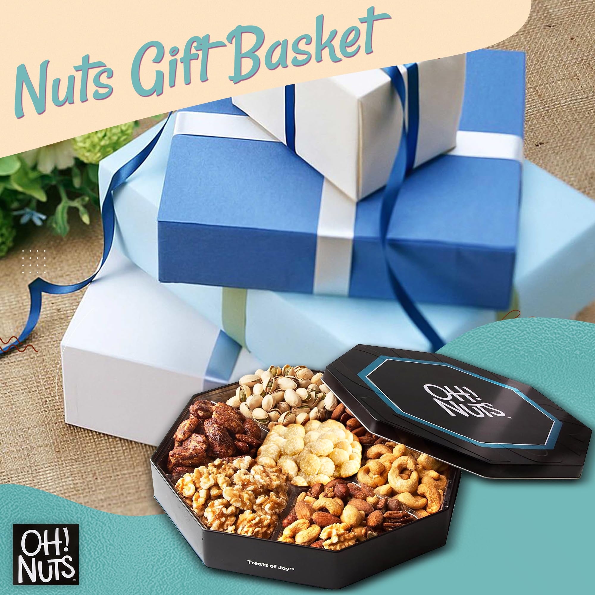 Oh! Nuts 7 Section Nuts Gift Basket - Gourmet Assorted Macadamia Nut Gifts Baskets - Healthy Nuts Gift Hexagon Metal Tin Box - Premium Food Gift for Holiday, Movie Night, Corporate, Men & Women - Image 4