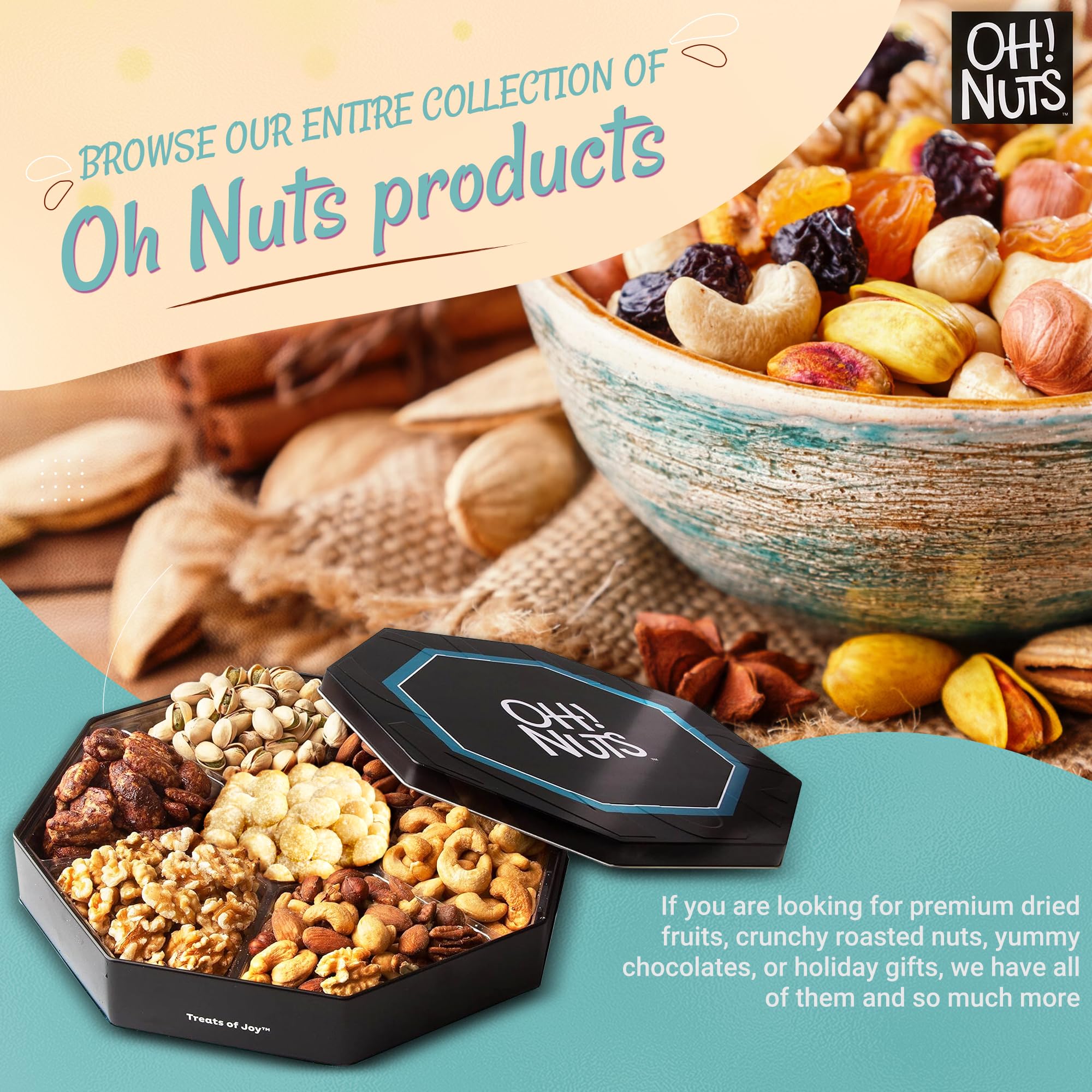 Oh! Nuts 7 Section Nuts Gift Basket - Gourmet Assorted Macadamia Nut Gifts Baskets - Healthy Nuts Gift Hexagon Metal Tin Box - Premium Food Gift for Holiday, Movie Night, Corporate, Men & Women - Image 6