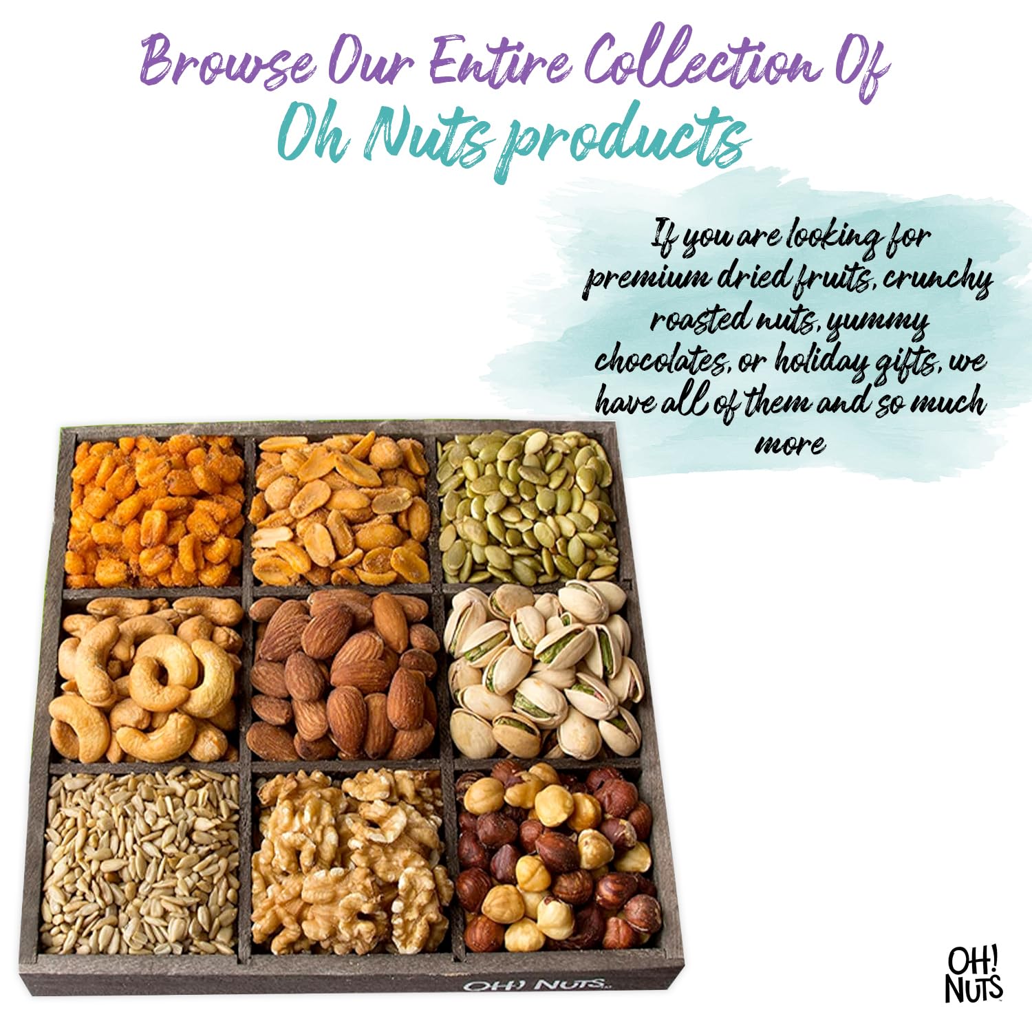 Oh! Nuts 9 Variety Nuts Gift Basket - Healthy Gift Baskets - Gourmet Assorted Nuts Tray - Gift Box for Holiday, Movie Night, Corporate, Families - Gift Ideas for Men and Women - Image 4