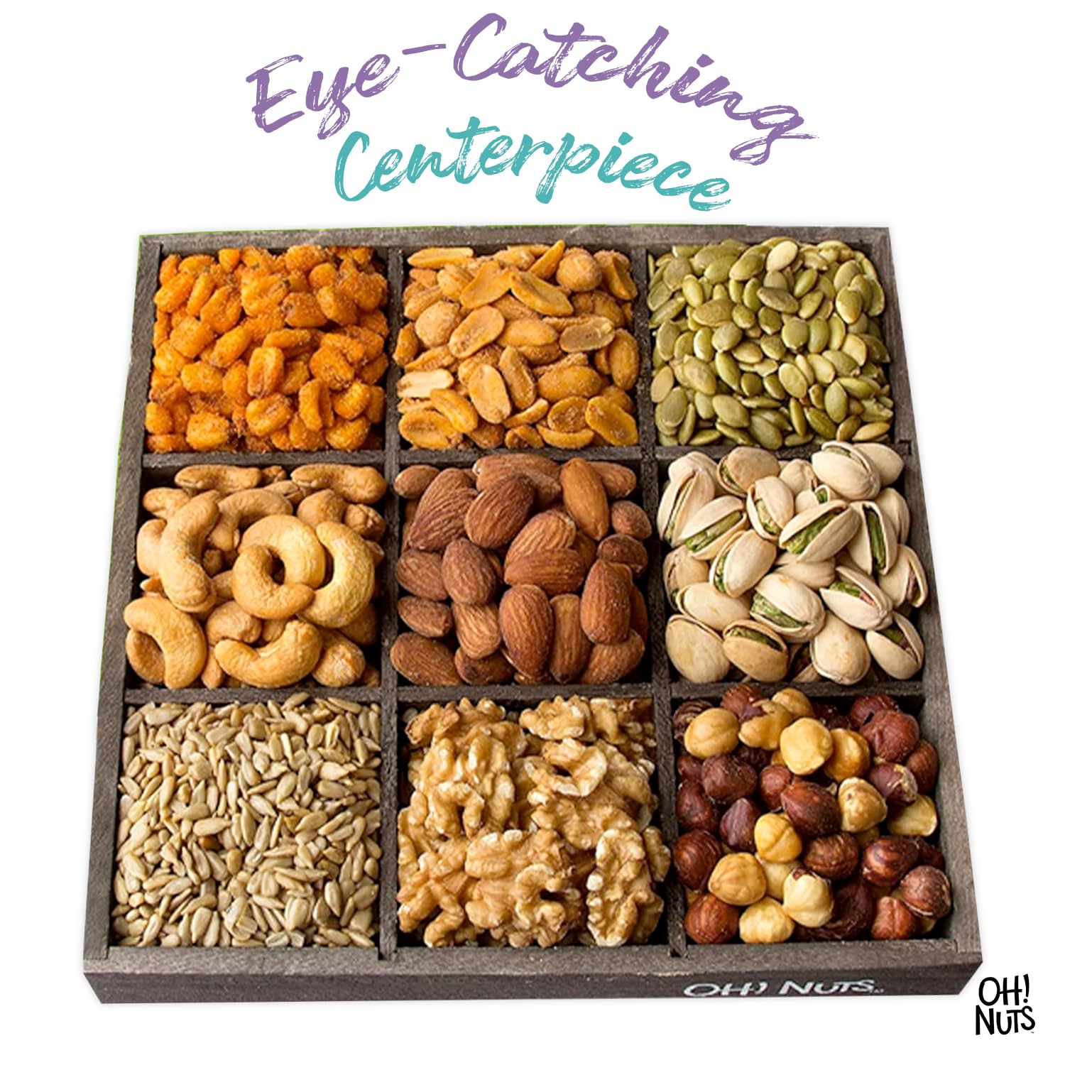 Oh! Nuts 9 Variety Nuts Gift Basket - Healthy Gift Baskets - Gourmet Assorted Nuts Tray - Gift Box for Holiday, Movie Night, Corporate, Families - Gift Ideas for Men and Women - Image 9