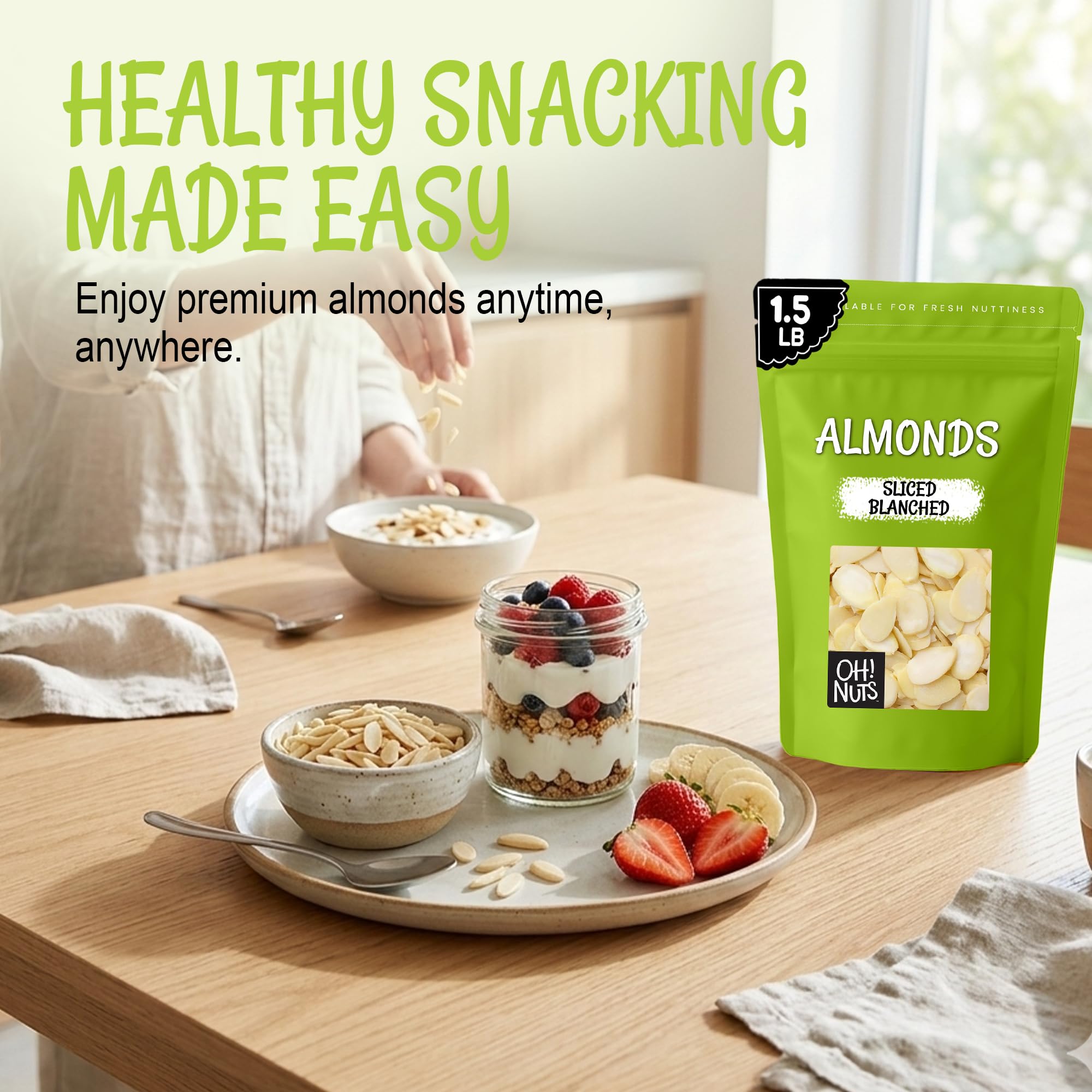 Oh! Nuts Almonds Blanched Sliced - Raw - 100% Natural - 1.5 lb - High-Protein Almonds - Packed in New York Zip-Seal Bag for Exceptional Freshness - Image 4