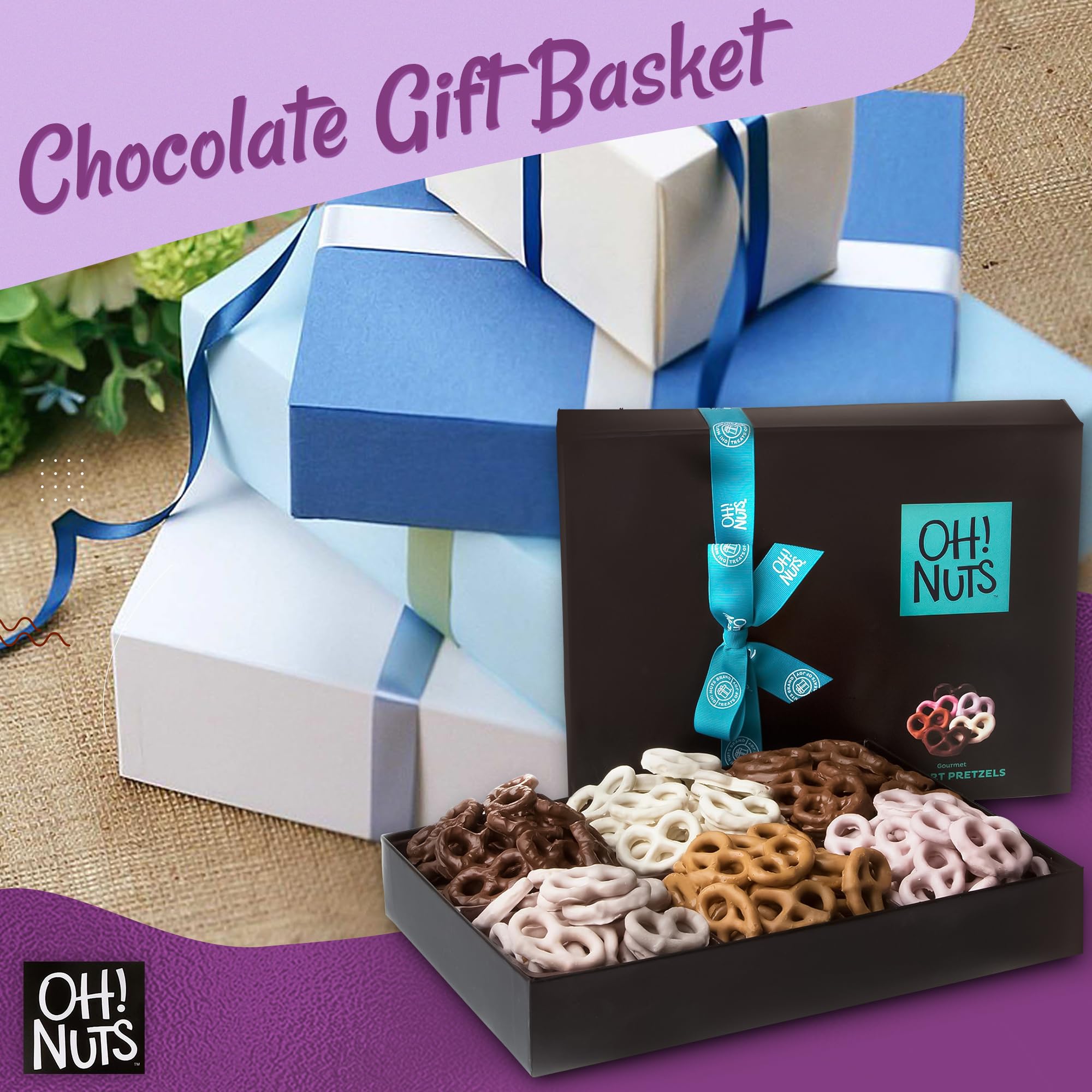 Oh! Nuts Chocolate Covered Pretzel Gift Baskets - 100 Mini Chocolates Pretzels Gifts Basket - 6 Assorted Flavors Snacks Box - Chocolate Tray for Holiday, Birthday, Corporate, Men & Women - Image 4