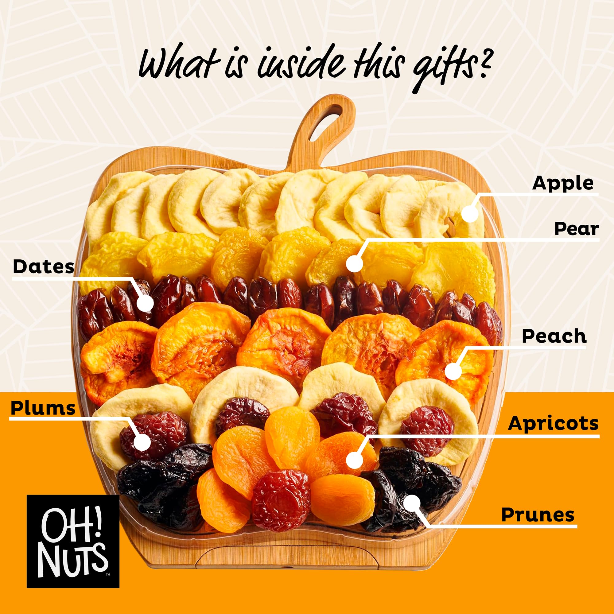 Oh! Nuts Dried Fruit Gift Basket - Gourmet Gift Baskets - Holiday Healthy Assortment Dried Fruits Gift Box - Crafted in the USA - Wooden Apple Shape Gift Tray - (Honey Beige) - Image 3