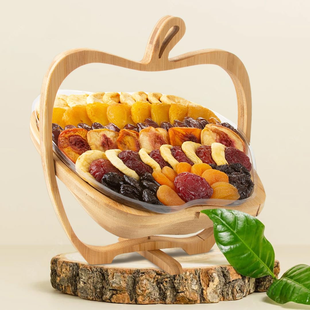 Oh! Nuts Dried Fruit Gift Basket - Gourmet Gift Baskets - Holiday Healthy Assortment Dried Fruits Gift Box - Crafted in the USA - Wooden Apple Shape Gift Tray - (Honey Beige) - Image 4