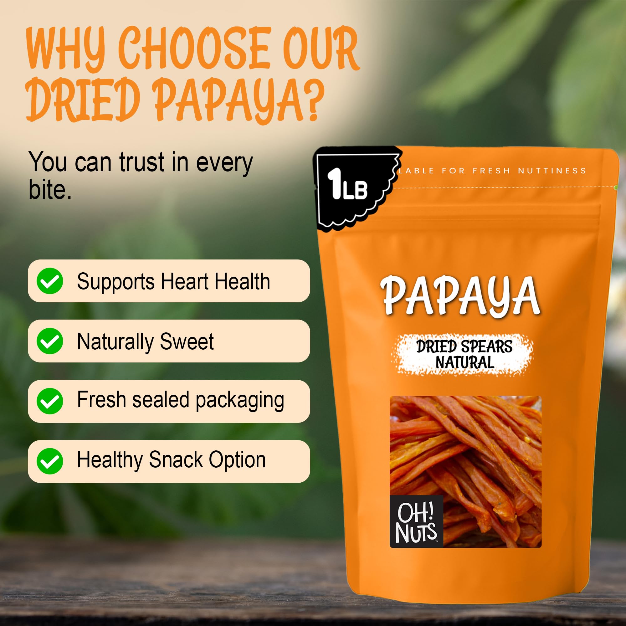 Oh! Nuts Dried Papaya Spears Natural - 1LB - Organic Unsweetened Dried Papaya Spears - Dehydrated Fruit Bites - Packed in New York Zip-Seal Bag for Exceptional Freshness - Image 5