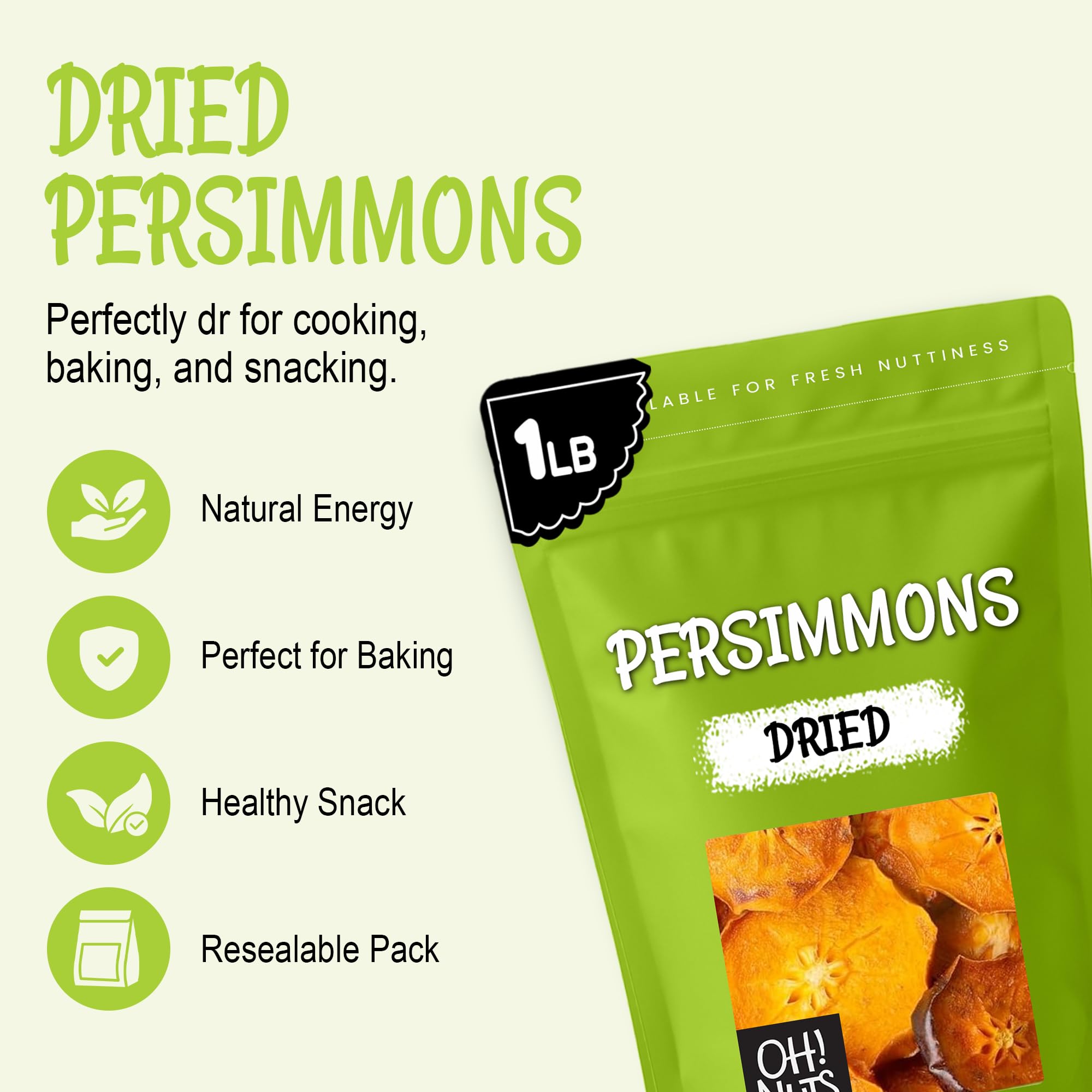 Oh! Nuts Dried Persimmons - Dehydrated Fruit - No Sugar Added - 1 lb Bag - Persimmon Slices - Dried Persimmons for Snacking & Baking - Image 3