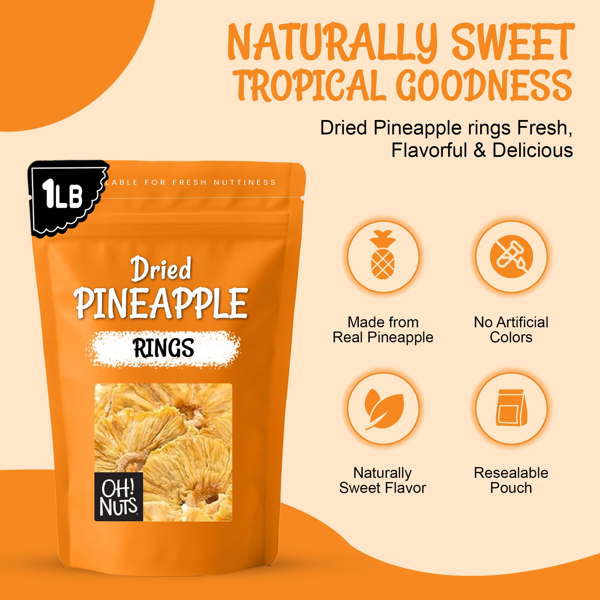 Oh! Nuts Dried Pineapple Natural - 1 LB - Dried Fruit Rings - Organic Unsweetened - Dehydrated Fruit Bites - Packed in New York Zip-Seal Bag for Exceptional Freshness - Image 3