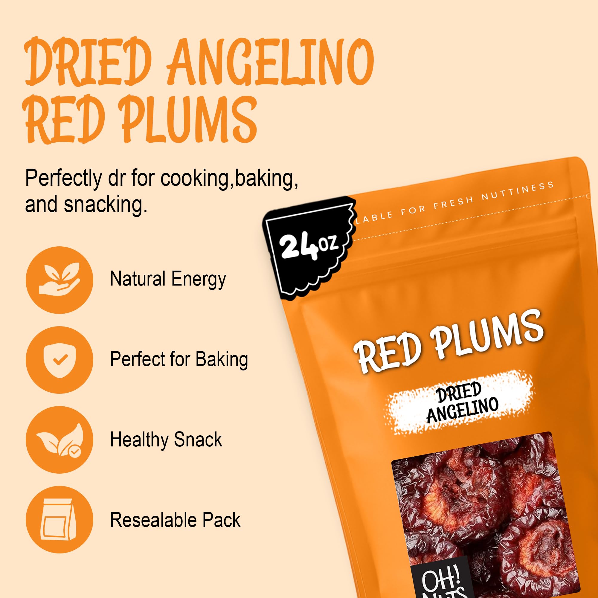 Oh! Nuts Dried Prunes Pitted - 1.5 lb - California Sun Dried Angelino Red Plums - No Sugar Added - Dehydrated Fruit Bites - Packed in New York Zip-Seal Bag for Exceptional Freshness - Image 3