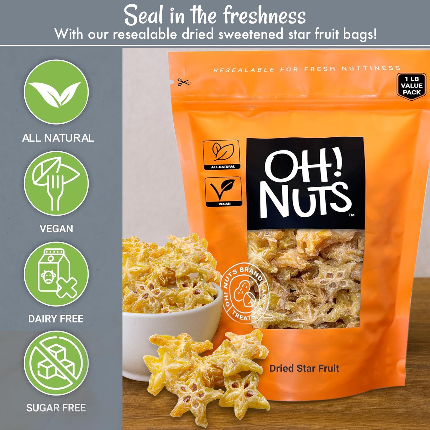 Oh! Nuts Dried Star Fruit - Sweetened Dried Starfruit Slices - 1 lb Star Fruit Packed Fresh in NY Zip-Seal Bag - Image 5