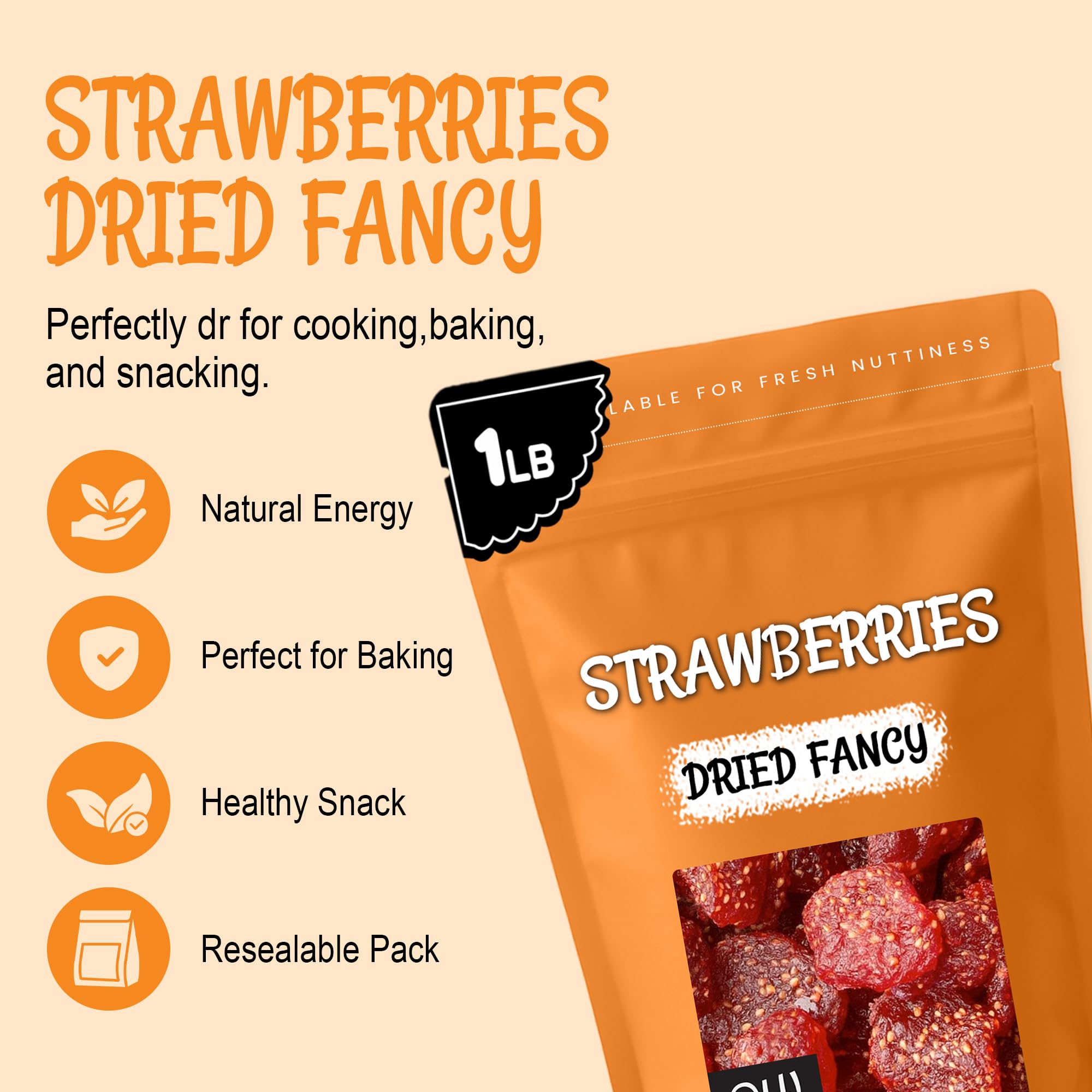Oh! Nuts Dried Strawberries Fancy - 1 lb - Sweetened Dried Fruit - Dehydrated Fruit Bites - Packed in New York Zip-Seal Bag for Exceptional Freshness - Image 3