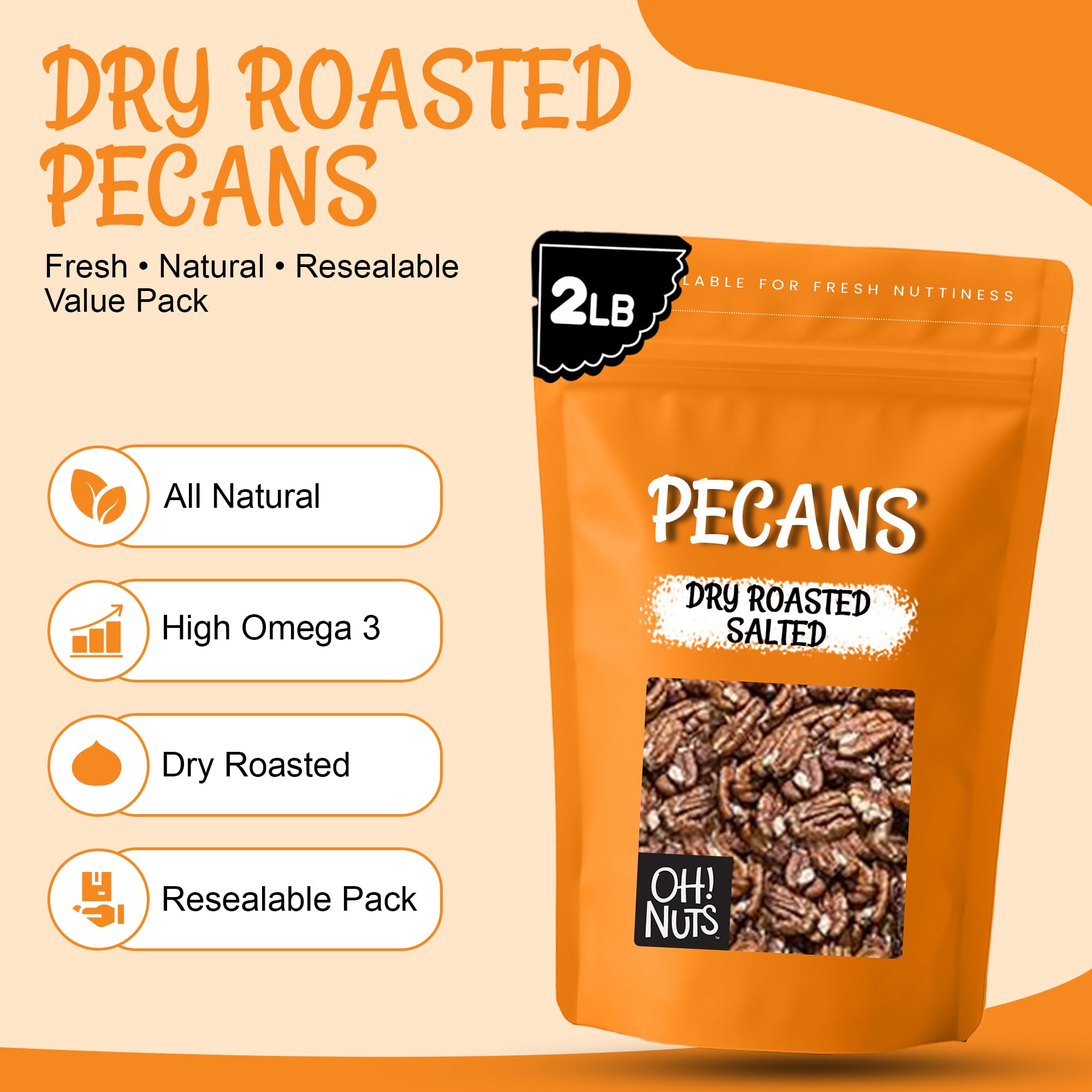 Oh! Nuts Pecans Dry Roasted Salted - All Natural Salted Pecans Halves - 2 lb Bulk Bag - Oil-Free Crunchy Snack - Image 3