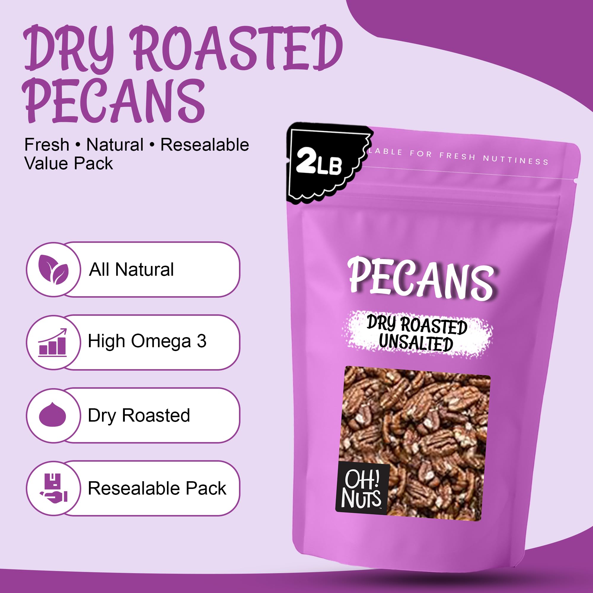 Oh! Nuts Pecans Dry Roasted Unsalted - Kosher, Oil-Free, All Natural Pecans - For Baking, Snacks, Salad, Dressing - Packed in 2 LB Resealable Bulk Bag - Image 3