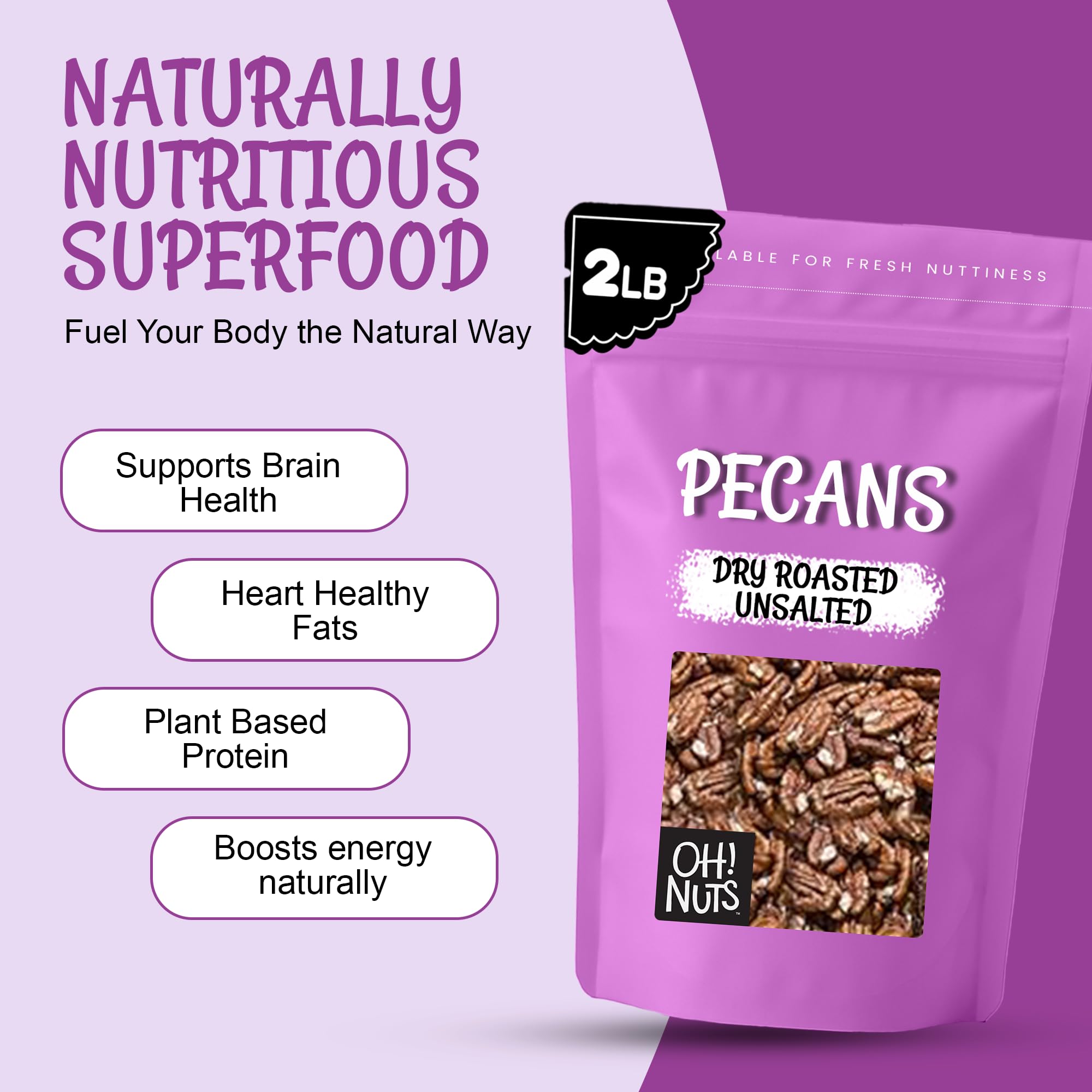 Oh! Nuts Pecans Dry Roasted Unsalted - Kosher, Oil-Free, All Natural Pecans - For Baking, Snacks, Salad, Dressing - Packed in 2 LB Resealable Bulk Bag - Image 5