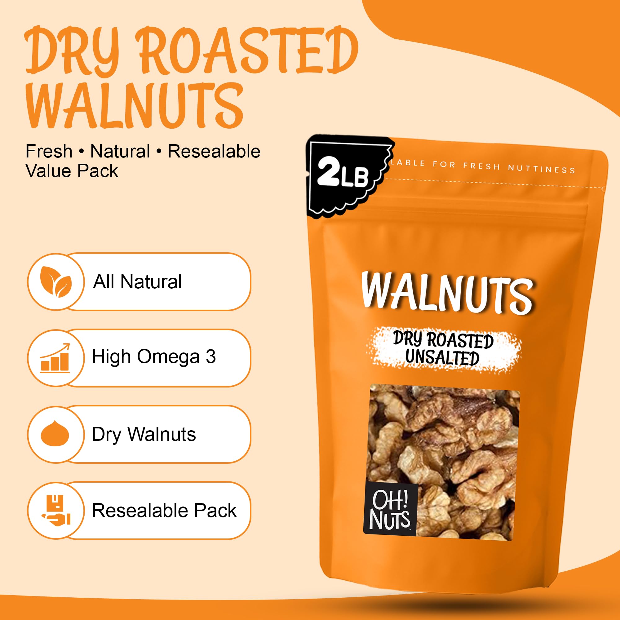 Oh! Nuts Walnuts - Dry Roasted Unsalted - 2 lb - Packed in New York Zip-Seal Bag for Exceptional Freshness - Image 3
